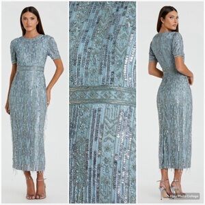 Mac Duggal 5980 Size 6 Light Blue High Neck Short Sleeve Fringe Column Dress
